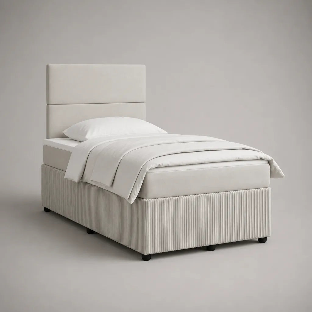 Boxspringbett 90 x 200 cm mit Polyesterbezug, Matratze und gepolstertem Kopfteil, Hellgrau