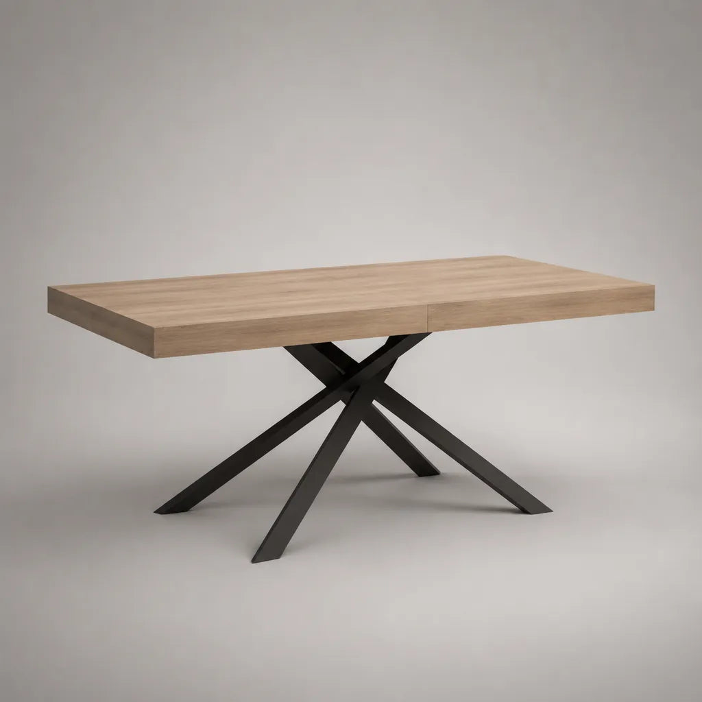 Rechteckiger Esstisch aus MDF mit Eichenfurnier und Stahlgestell, Eiche Natur/Schwarz, 160 × 90 × 76 cm