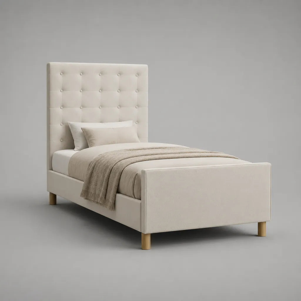 Polsterbett Einzelbett 90 × 200 cm Cremeweiß/Natur aus Polyester in Samtoptik mit Lattenrost, Kopfteil und Fußteil