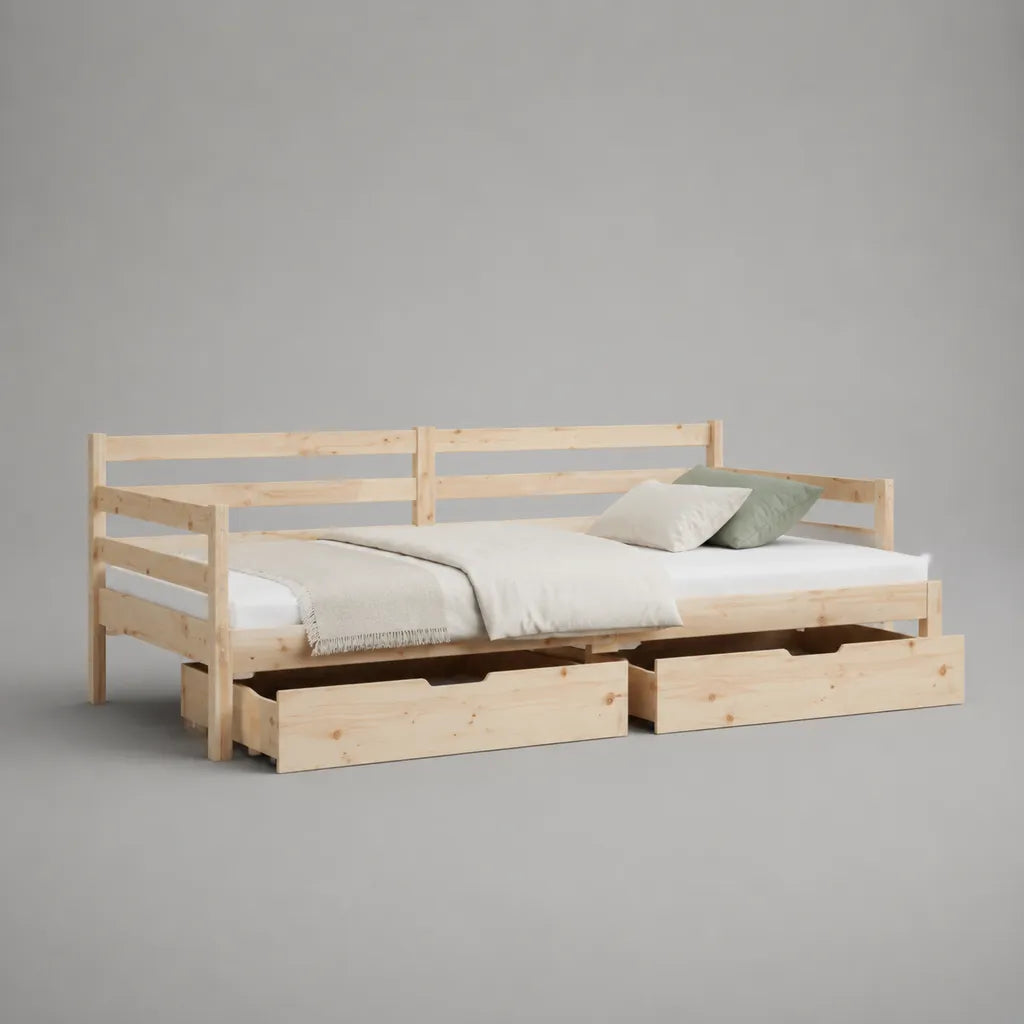 Tagesbett und Schlafsofa aus massivem Kiefernholz mit 2 Schubladen, Natur, 206 x 96 x 78 cm, Liegefläche 90 x 200 cm