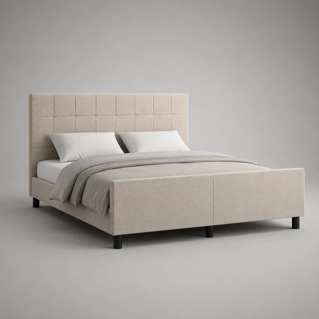Polsterbett mit Lattenrost, Doppelbett aus Holz und Metall, Beige und Schwarz, Liegefläche 160 × 200 cm, Außenmaß 215 × 170 × 120 cm