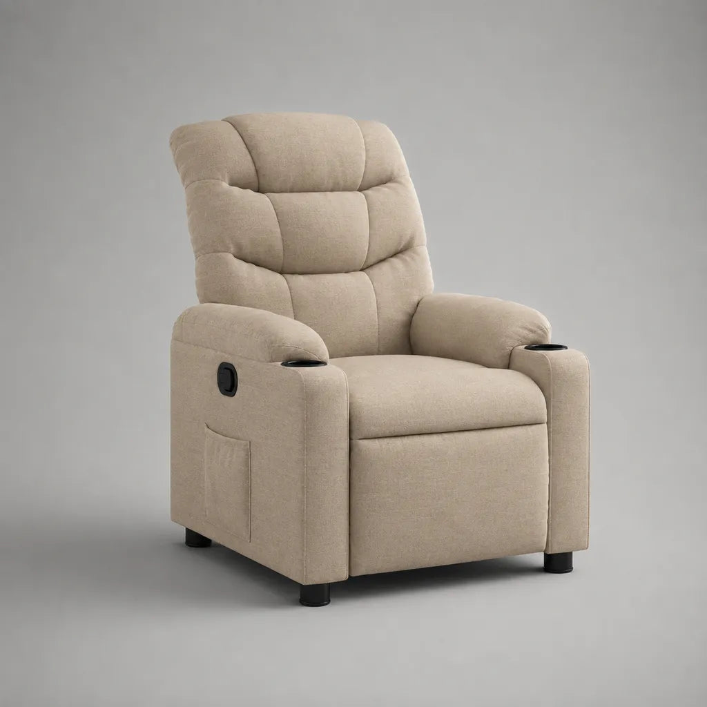 Relaxsessel mit manueller Liegefunktion, 2 Getränkehaltern und Stoffbezug, Beige, 88 × 92 × 105 cm