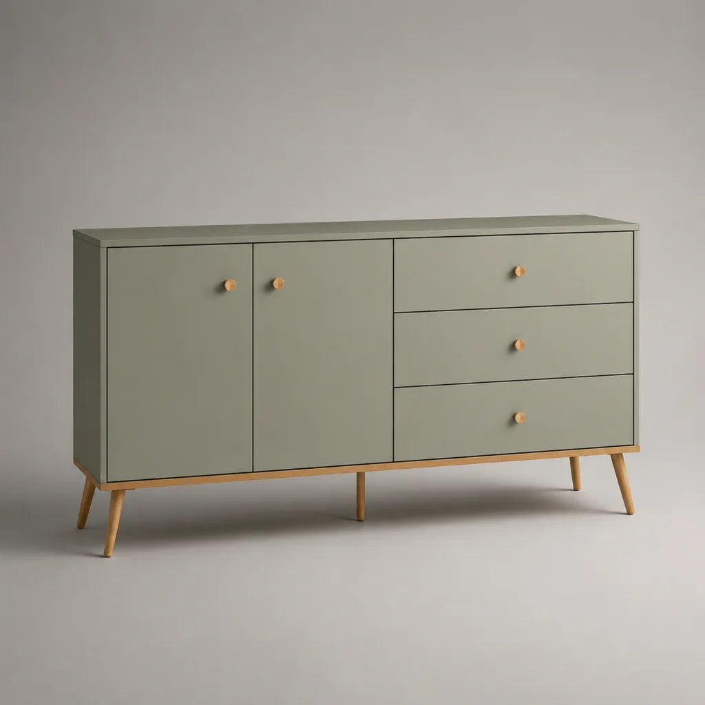 Sideboard mit 2 Türen und 3 Schubladen aus lackierter MDF-Platte und Massivholz, Salbeigrün/Naturholz, 140 × 40 × 80 cm