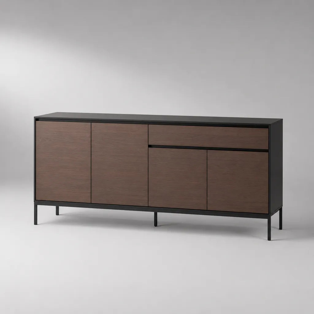 Sideboard mit 4 Türen und 1 Schublade, MDF, Walnussfurnier und Stahl, Walnussbraun/Schwarz, 160 × 40 × 82 cm