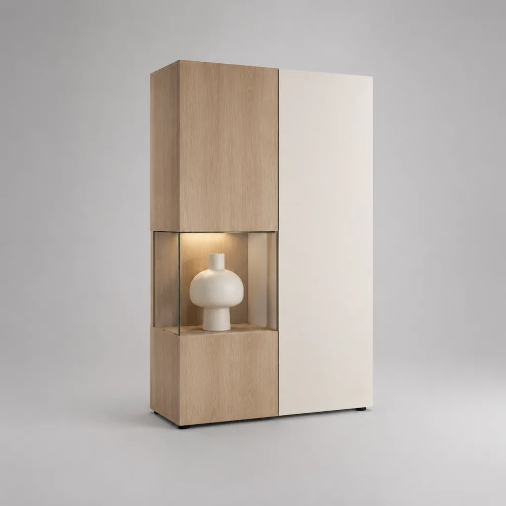 Vitrinenschrank aus MDF und Glas mit LED-Beleuchtung, Eiche hell/Weiß, 100 × 40 × 180 cm