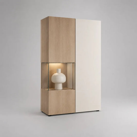 Vitrinenschrank aus MDF und Glas mit LED-Beleuchtung, Eiche hell/Weiß, 100 × 40 × 180 cm