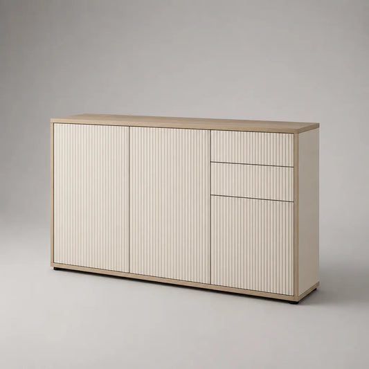 Sideboard mit 2 Türen und 3 Schubladen aus MDF und Spanplatte, Creme und Eiche hell, 160 × 40 × 80 cm