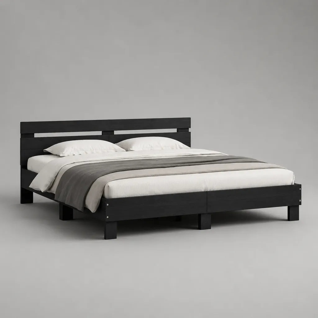 Bettgestell für Doppelbett aus massivem Kiefernholz mit Lattenrost und Kopfteil, Schwarz, 160 × 200 cm
