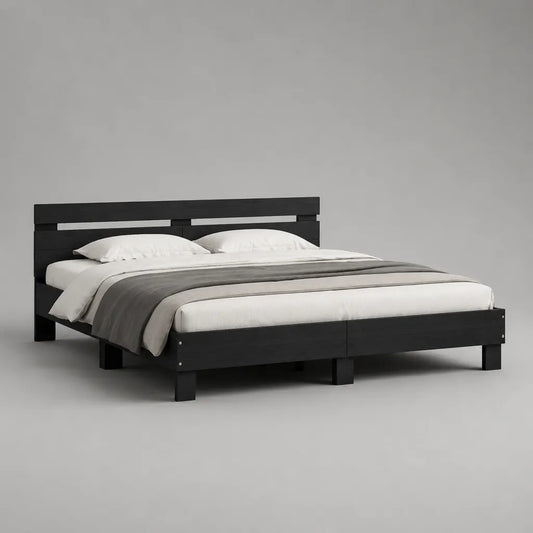 Bettgestell für Doppelbett aus massivem Kiefernholz mit Lattenrost und Kopfteil, Schwarz, 160 × 200 cm