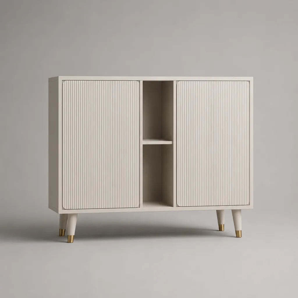 Beiges Sideboard aus MDF und Spanplatte mit 2 Türen und 2 offenen Fächern, 110 × 40 × 90 cm
