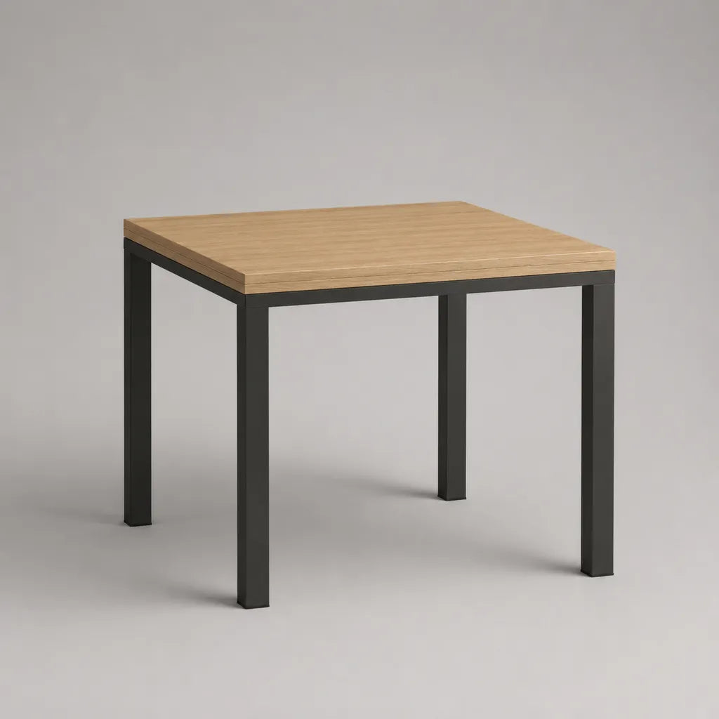 Quadratischer Esstisch aus MDF mit Eichenfurnier und Stahlgestell, Natur/Schwarz, 80 x 80 x 75 cm