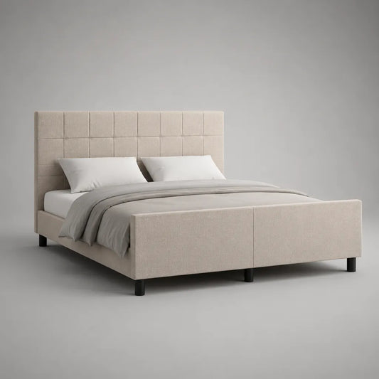 Polsterbett mit Lattenrost, Doppelbett aus Holz und Metall, Beige und Schwarz, Liegefläche 160 × 200 cm, Außenmaß 215 × 170 × 120 cm