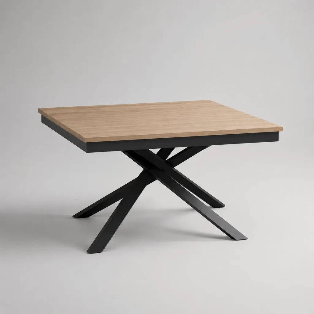 Quadratischer Esstisch aus MDF und Metall, Eiche Natur/Schwarz, 120 × 120 × 76 cm