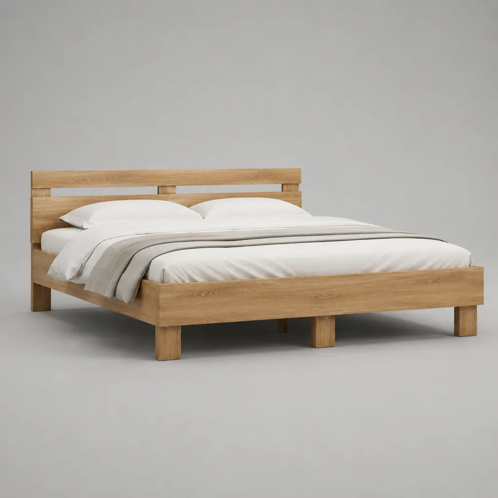 Doppelbett aus Massivholz mit Kopfteil, Eiche Natur, Liegefläche 180 × 200 cm, Gesamtmaß 190 × 216 × 95 cm