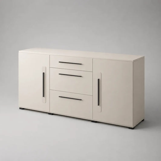 Sideboard aus Spanplatte mit 2 Türen und 3 Schubladen, Cremeweiß/Schwarz, 160 × 40 × 80 cm