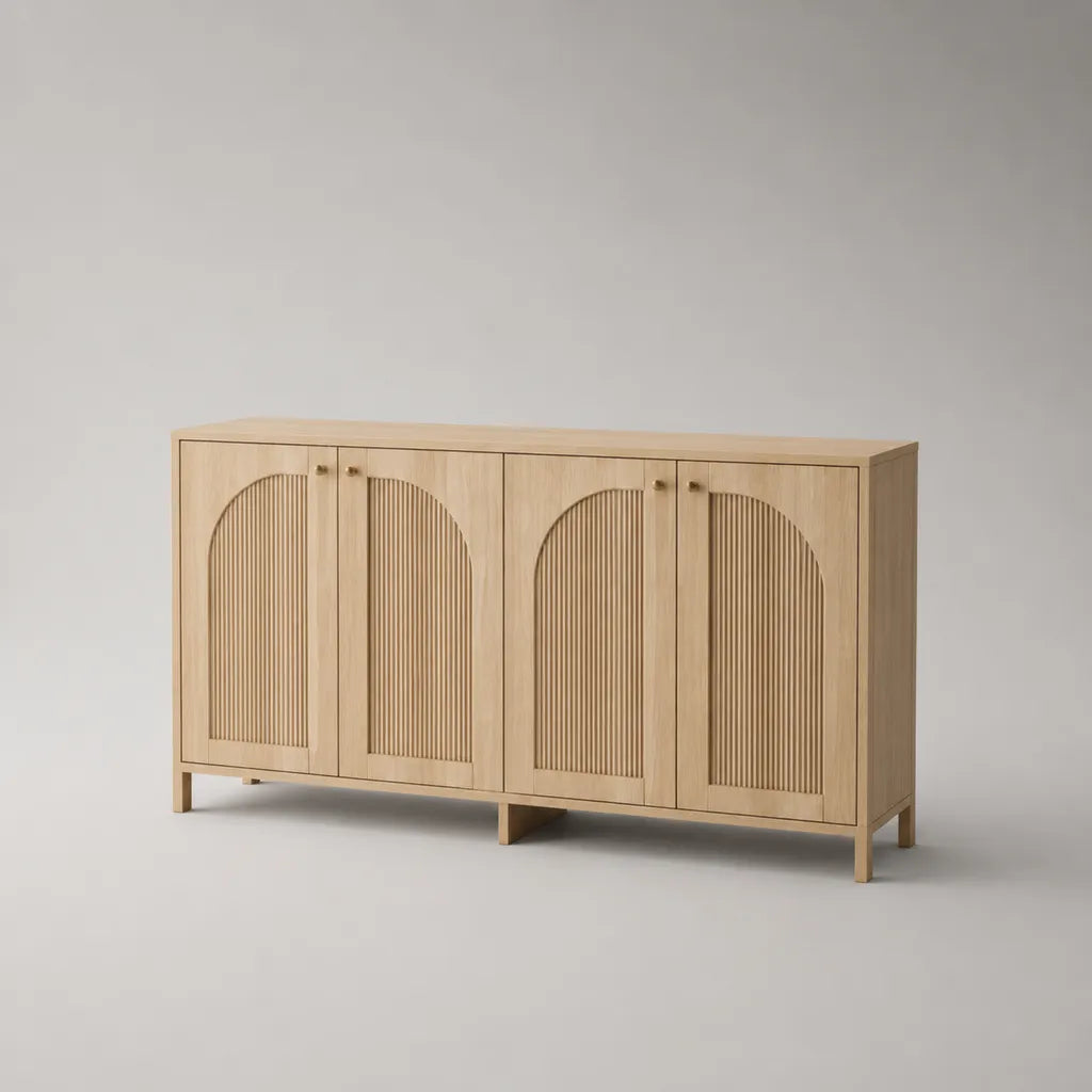 Rechteckiges Sideboard mit 4 Türen aus MDF und Spanplatte mit Eichenfurnier, Natur, 160 × 40 × 80 cm