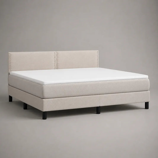 Boxspringbett mit Topper und zweiteiligem Kopfteil aus Polyester-Chenille, Beige, Liegefläche 180 × 200 cm