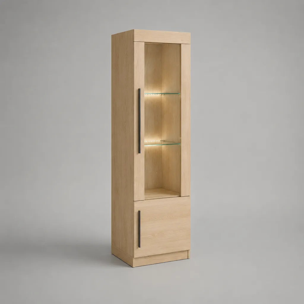 Vitrine mit LED-Beleuchtung, MDF, Eichenfurnier und gehärtetem Glas, Eiche natur, 180 × 50 × 40 cm