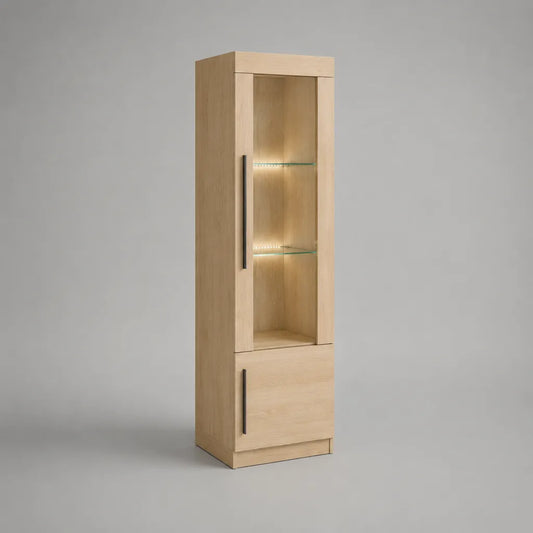 Vitrine mit LED-Beleuchtung, MDF, Eichenfurnier und gehärtetem Glas, Eiche natur, 180 × 50 × 40 cm