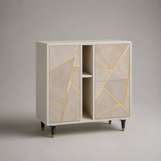Sideboard aus MDF und Spanplatte mit 3 Türen und 2 offenen Fächern, Weiß, Beige und Goldfarben, 120 × 40 × 130 cm