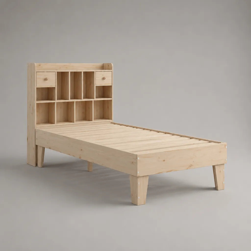 Einzelbett 90 × 200 cm aus massivem Kiefernholz mit Lattenrost, Regal-Kopfteil, 9 Fächern und 2 Schubladen, Natur