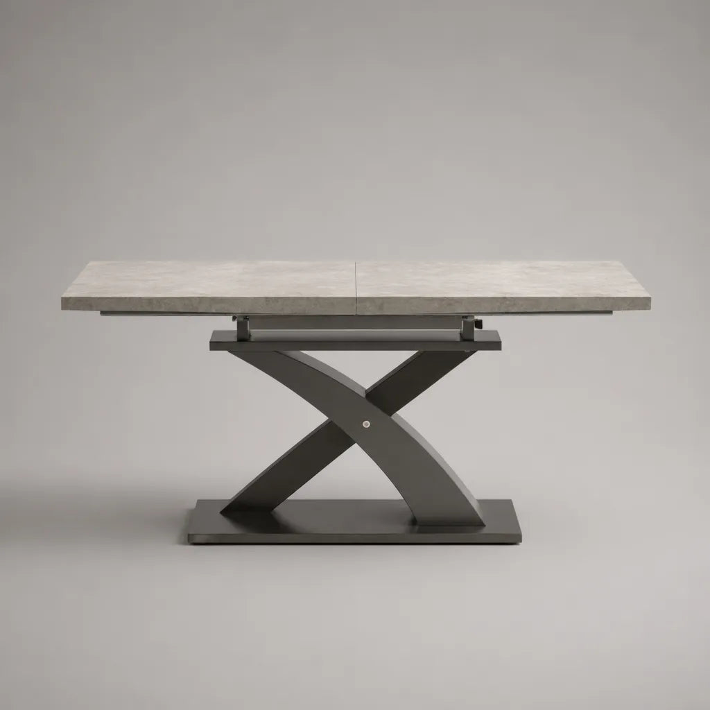 Ausziehbarer rechteckiger Esstisch mit MDF-Tischplatte und X-Gestell aus pulverbeschichtetem Stahl, Grau/Anthrazit, 160–200 × 90 × 76 cm