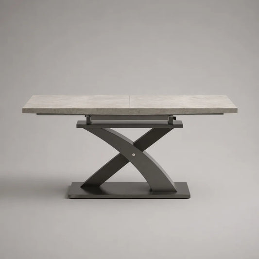 Ausziehbarer rechteckiger Esstisch mit MDF-Tischplatte und X-Gestell aus pulverbeschichtetem Stahl, Grau/Anthrazit, 160–200 × 90 × 76 cm