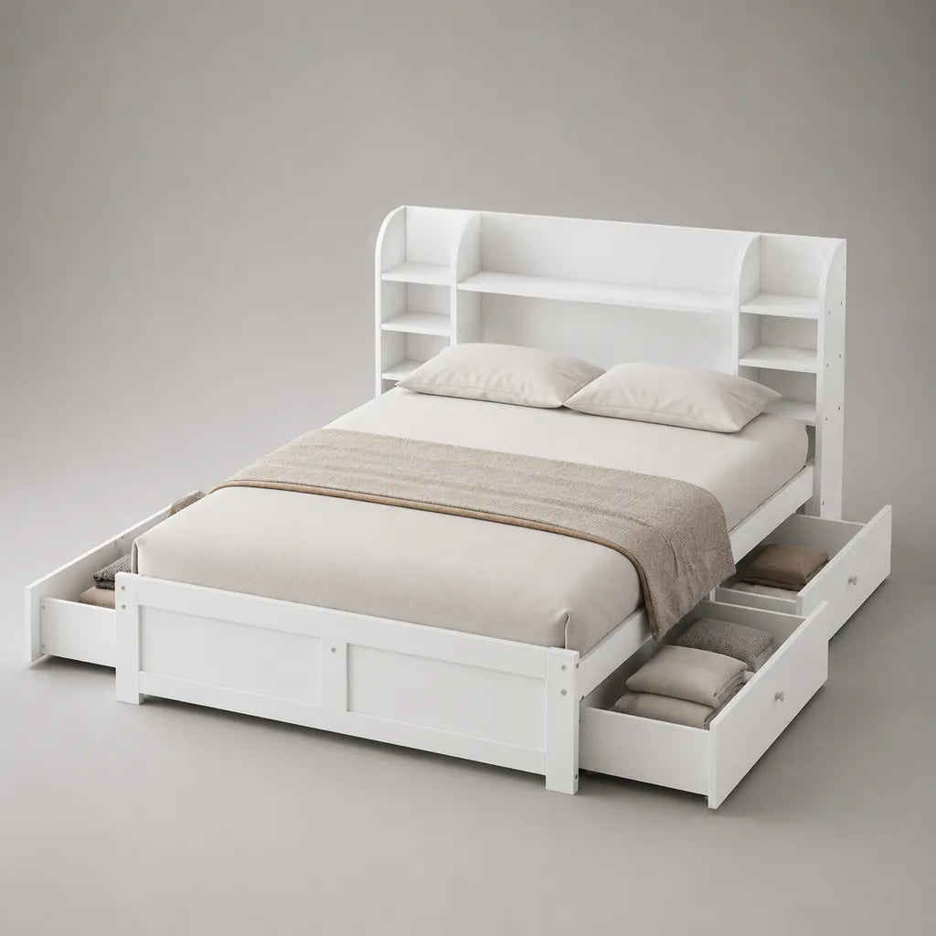 Doppelbett aus Spanplatte mit Regal-Kopfteil und 4 Schubladen, Weiß, Liegefläche 160 × 200 cm, Gesamtmaß 218 × 220 × 150 cm