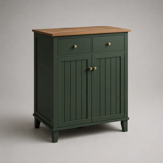 Sideboard mit 2 Schubladen und 2 Türen aus MDF und Kiefer-Massivholz, Dunkelgrün/Natur, 80 × 40 × 100 cm
