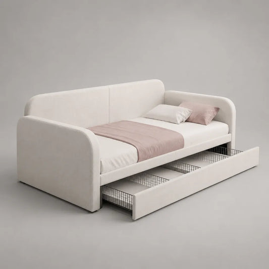 Schlafsofa Tagesbett mit Bettkasten aus Polyestergewebe, Cremeweiß/Schwarz, 215 × 105 × 92 cm, Liegefläche 90 × 200 cm