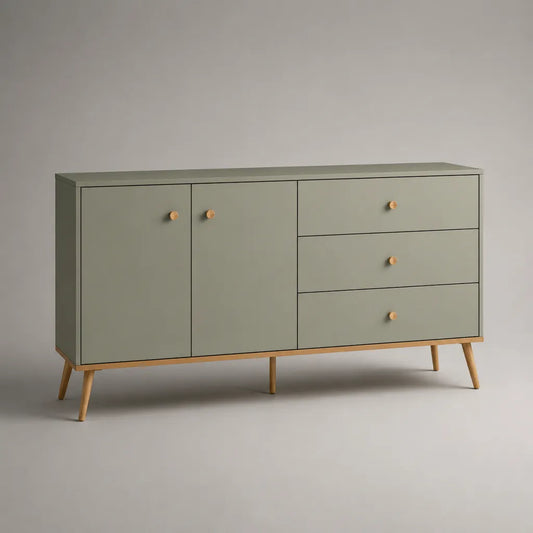 Sideboard mit 2 Türen und 3 Schubladen aus lackierter MDF-Platte und Massivholz, Salbeigrün/Naturholz, 140 × 40 × 80 cm