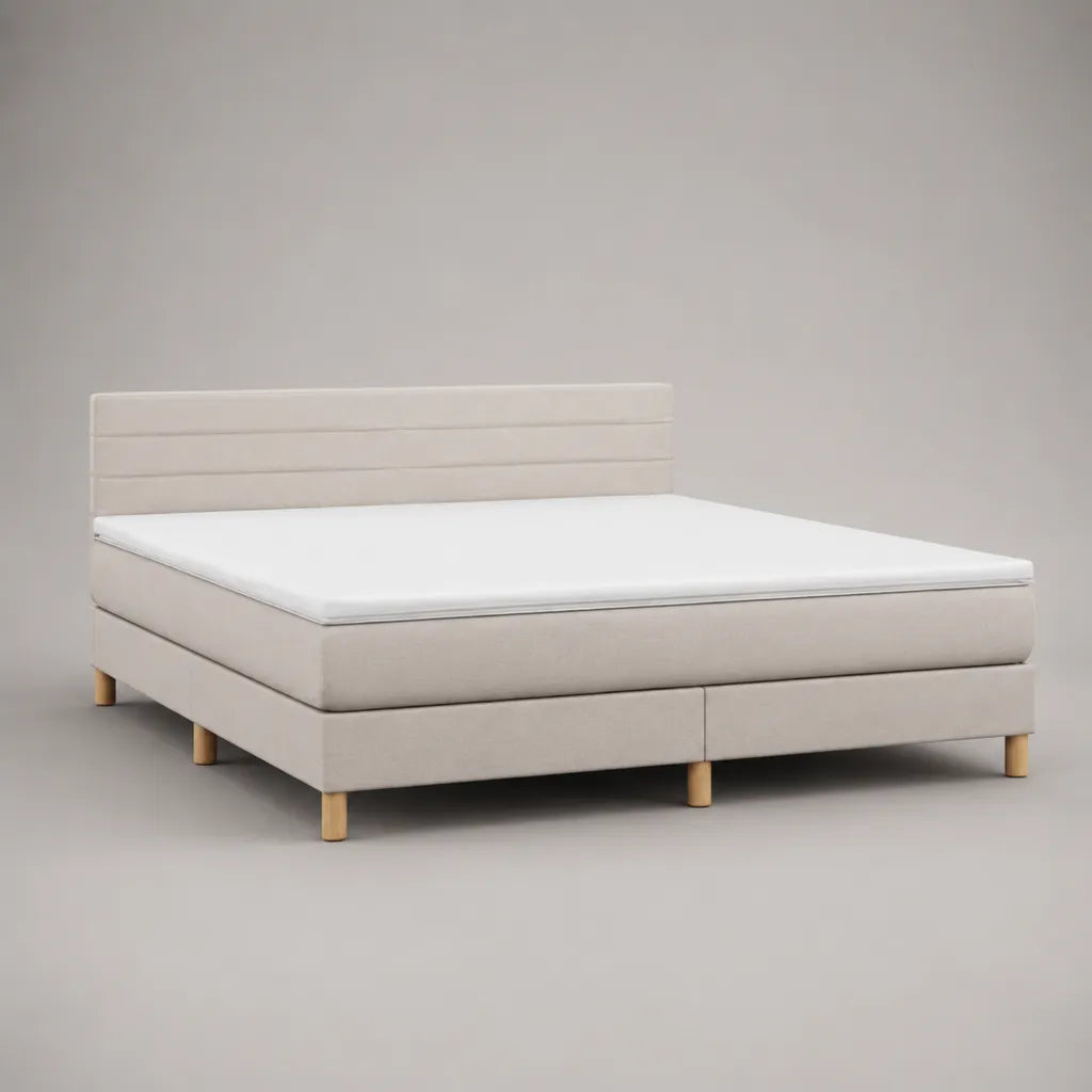 Boxspringbett-Set mit Federkernmatratze und Topper, Polyesterbezug Beige, Holzfüße Natur, Liegefläche 180 × 200 cm
